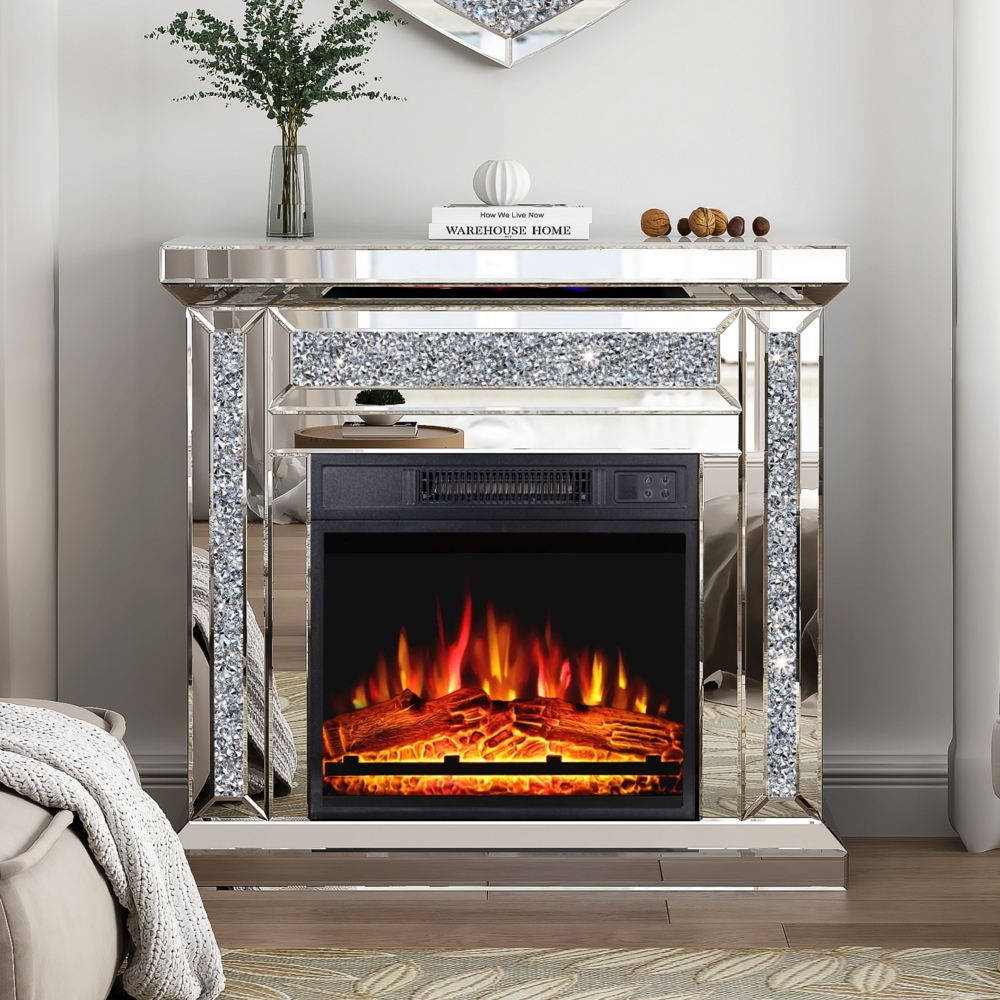 31.5'' W Electric Fireplace with Glass Mantel Surround, Crushed Diamonds inlay