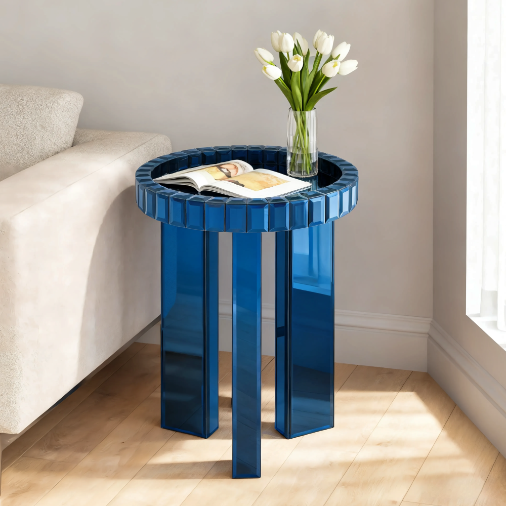 Blue Mirrored End Table, 23" H Round Glass Side Table with Three Legs, Modern Accent Table for Living Room