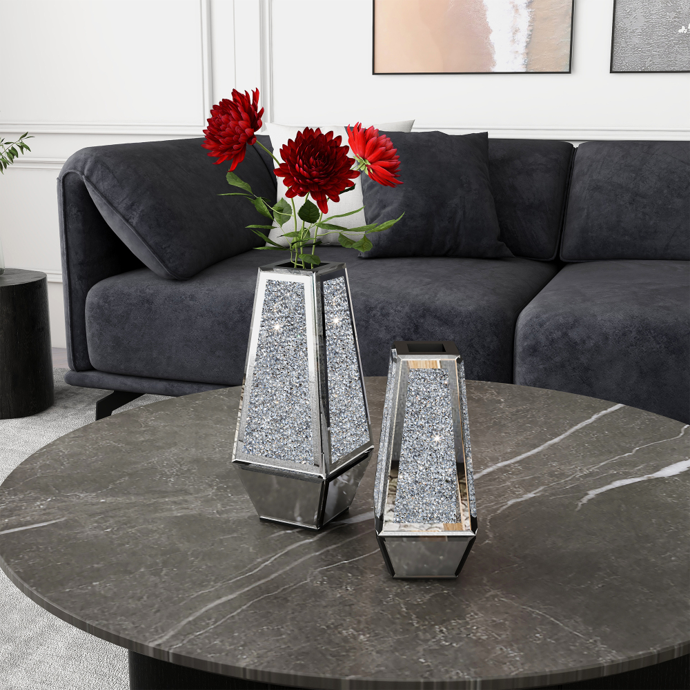SHYFOY Crushed Diamond Mirrored Vases Set of 2, Silver Glass Flower Vases for Table - Can’t Hold Water Ornaments