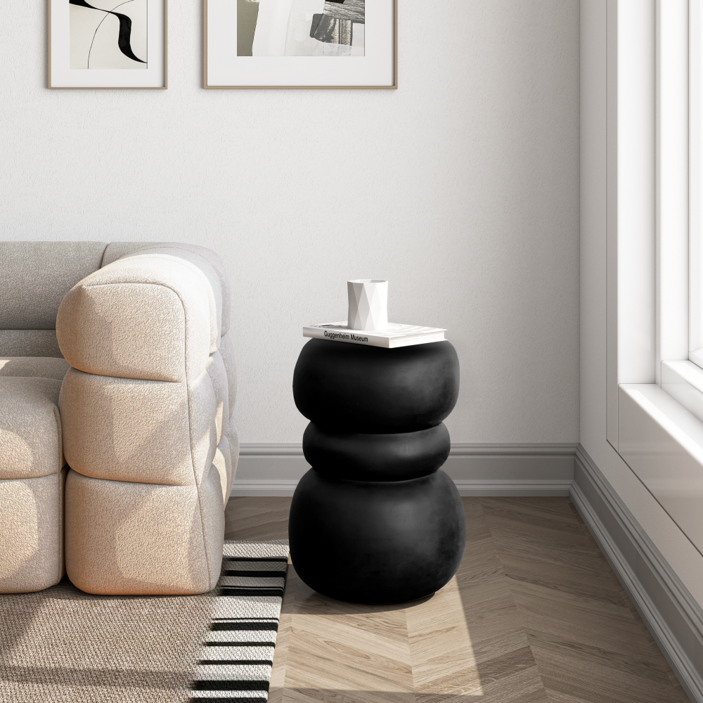 Black Round Stone Side Table End Table