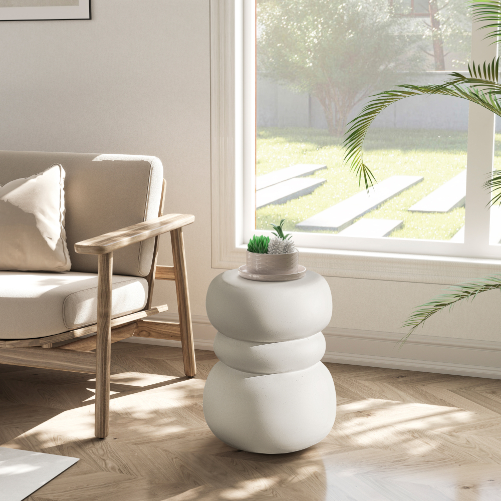 Modern Outdoor Side Table, Sculptural Patio Accent Table, White Concrete Look