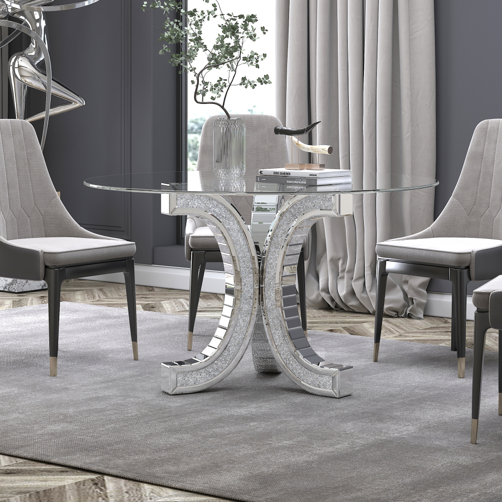 SHYFOY 52'' Mirror Glass Pedestal Dining Table with Tempered Glass Tabletop
