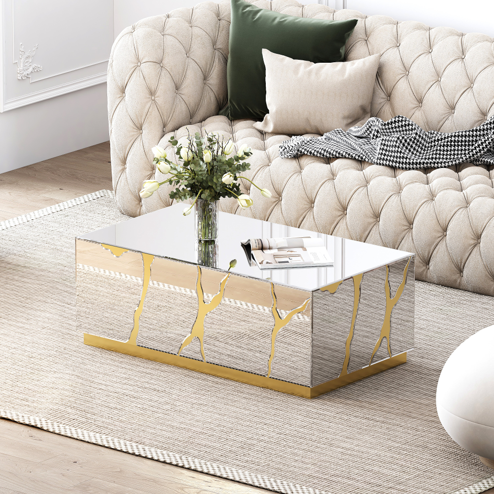 SHYFOY 39''W Mirrored Block Glass Rectangle Coffee Table With Unique Crackle Design