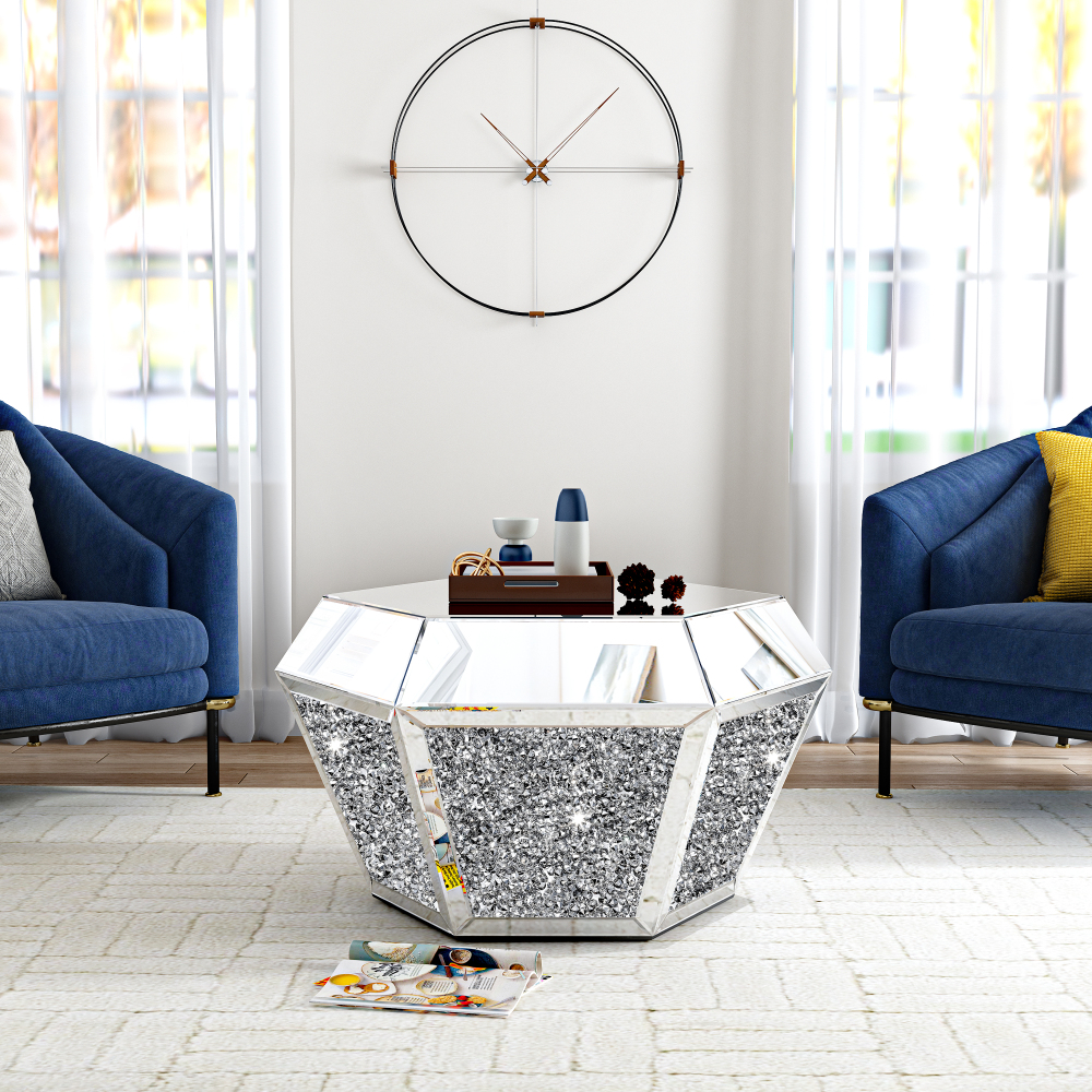 Drum Coffee Table Mirrored with Crystal Inlay, Hexagon Silver Accent Table, Modern Design Luxury Contemporary Furniture
