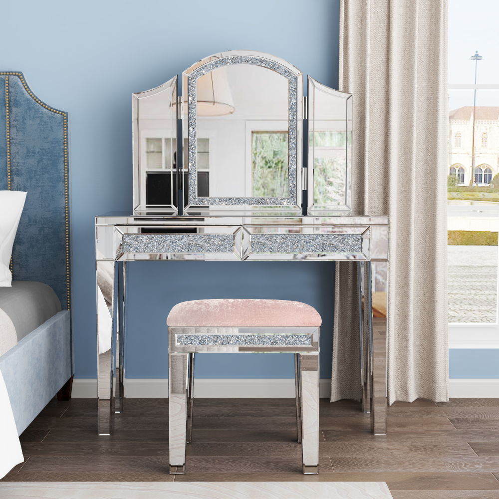 New Arrival Mirror Diamond Vanity Stool with Velvet Upholstered Seat Pink,Blue,Off-white,Light pink