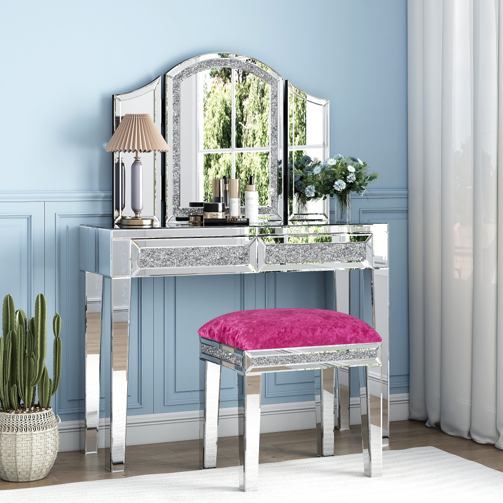 New Arrival Mirror Diamond Vanity Stool with Velvet Upholstered Seat Pink,Blue,Off-white,Light pink