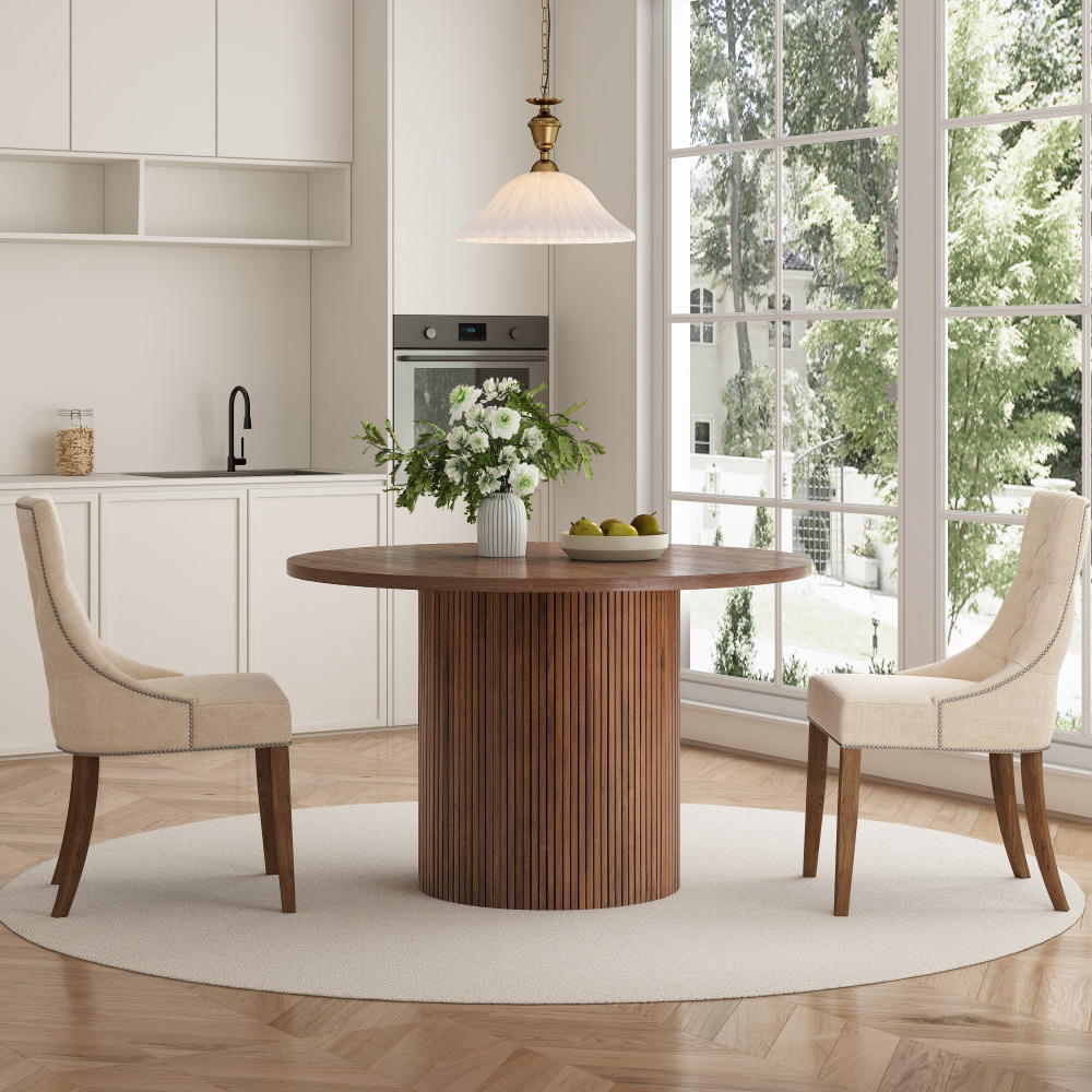 Round Fluted Pedestal Dining Table  Natural Walnut Brown