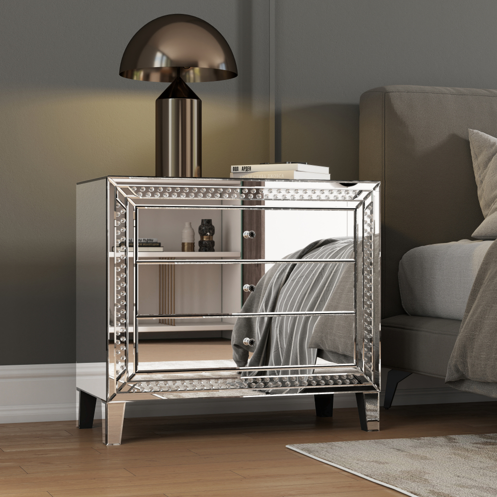 33" Large Mirrored Glass Nightstand Bedroom Crystal Decor