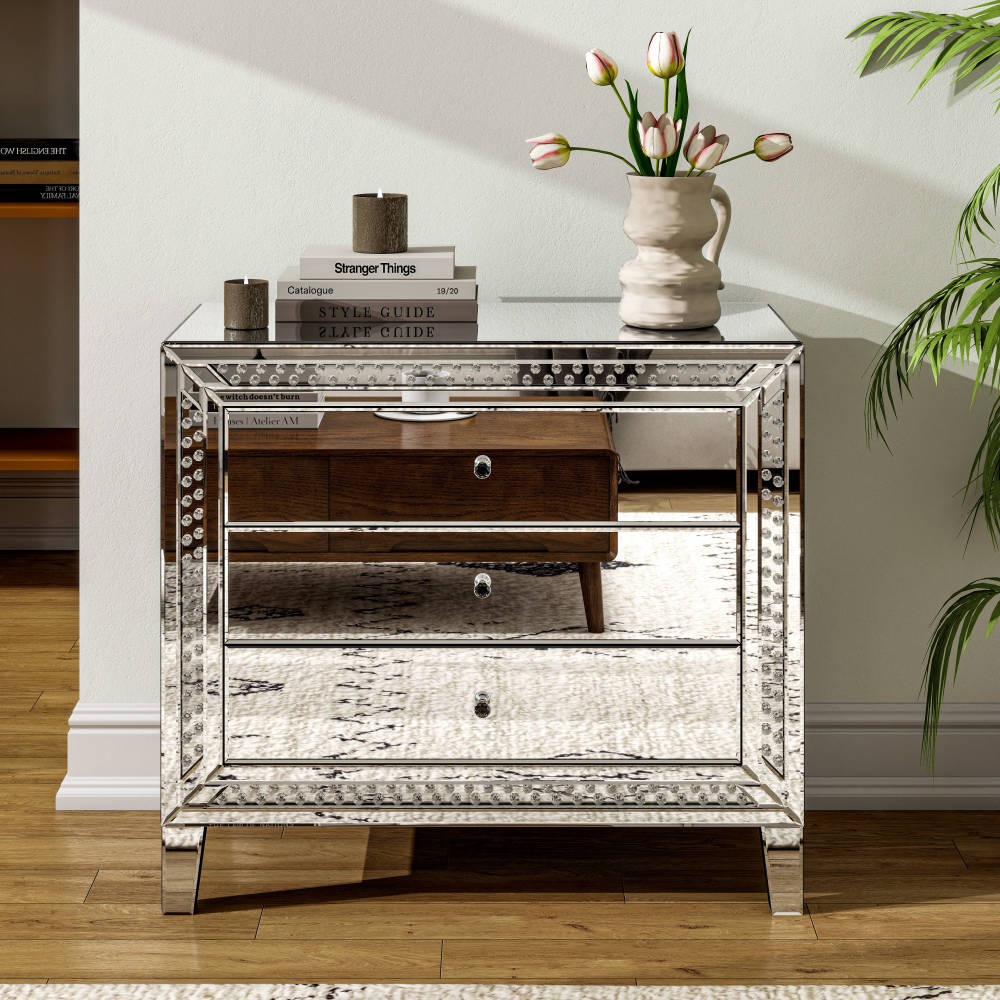 33" Large Mirrored Glass Nightstand Bedroom Crystal Decor