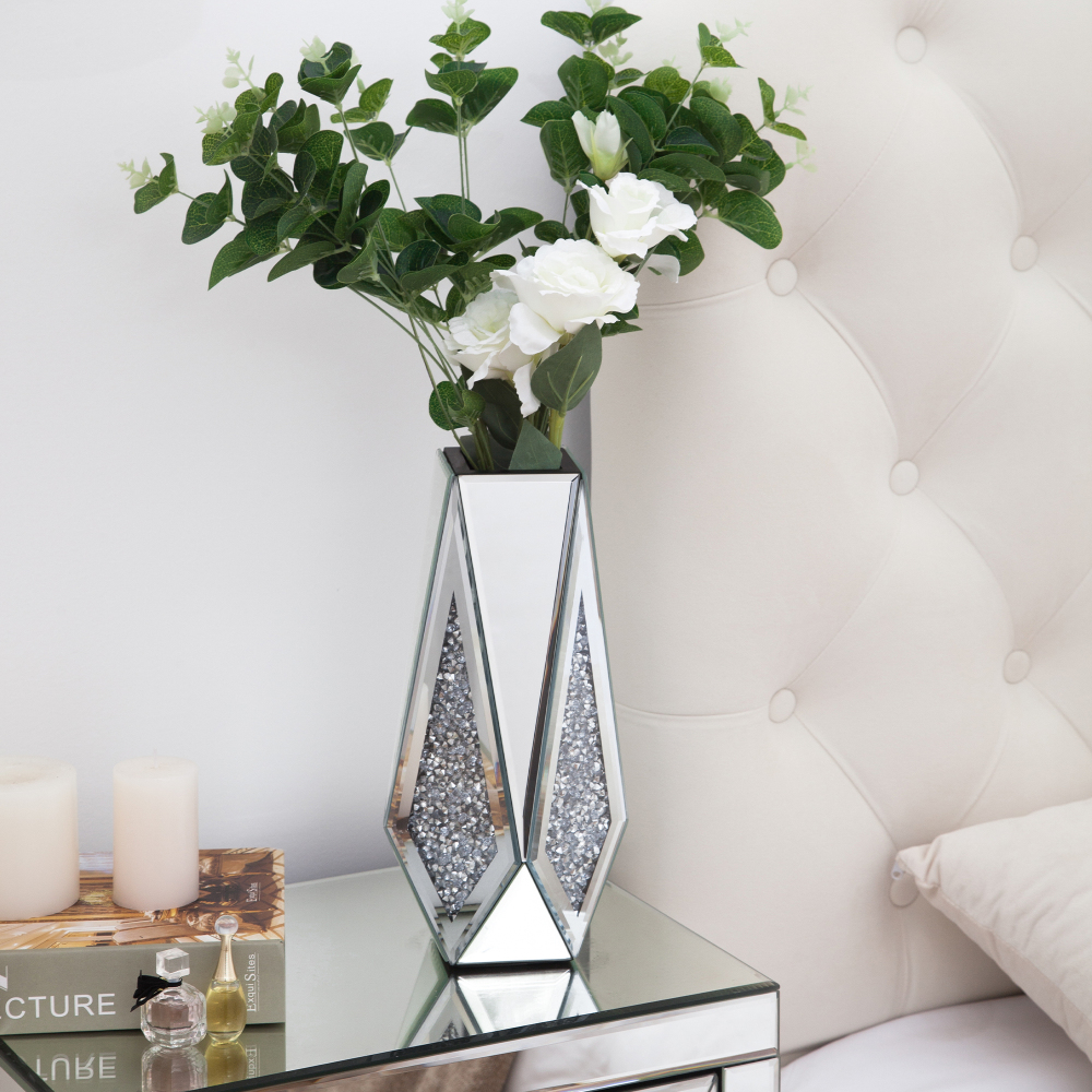 Crushed Diamond Mirror Vase Flower Vase, Silver Crystal Decorative Vase Glass Stunning Mirrored Vase Flower Luxury for Home Decor