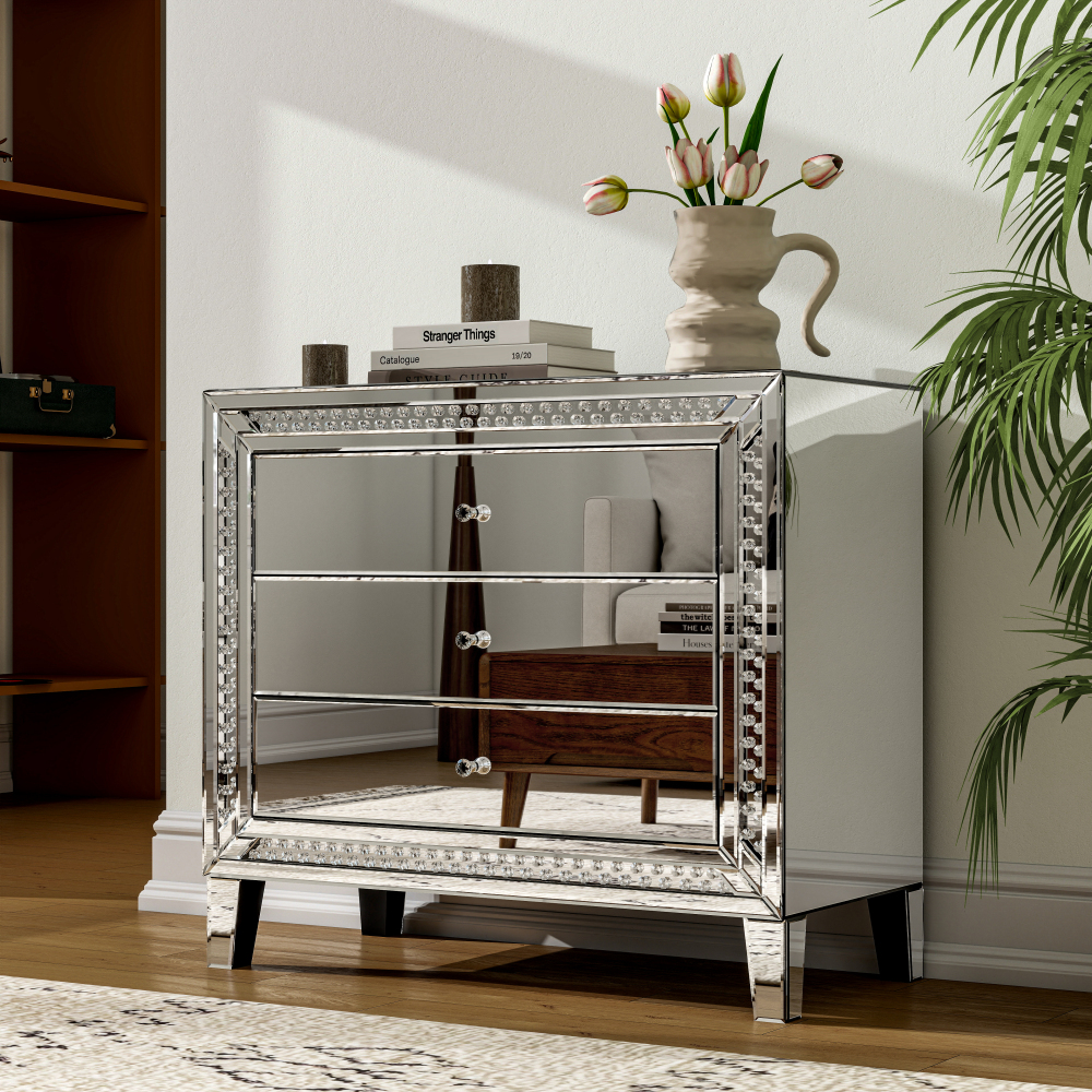 33" Large Mirrored Glass Nightstand Bedroom Crystal Decor