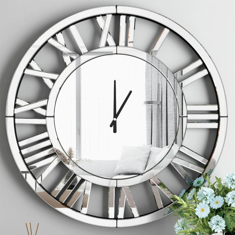SHYFOY Large Silver Mirrored Wall Clock, Glass Surface Round Roman Numerals Clocks, Mirror Wall Art for Home Decorative 80cm