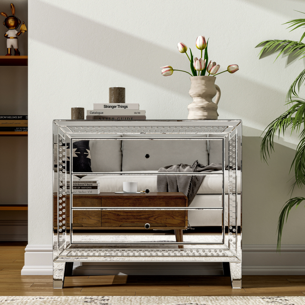 33" Large Mirrored Glass Nightstand Bedroom Crystal Decor