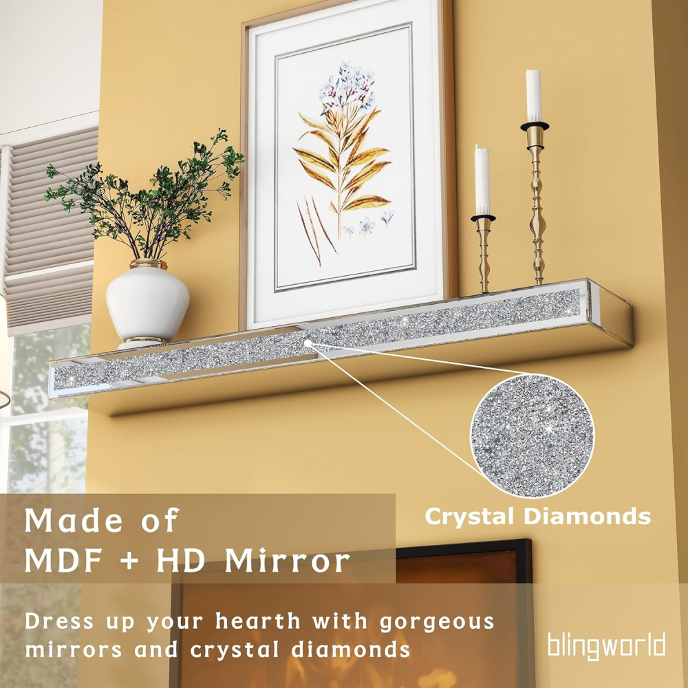 Fireplace Mantel, 48 Inch Mirrored Floating Shelf with Crystal Crushed Diamond Inlay / SF-TS132