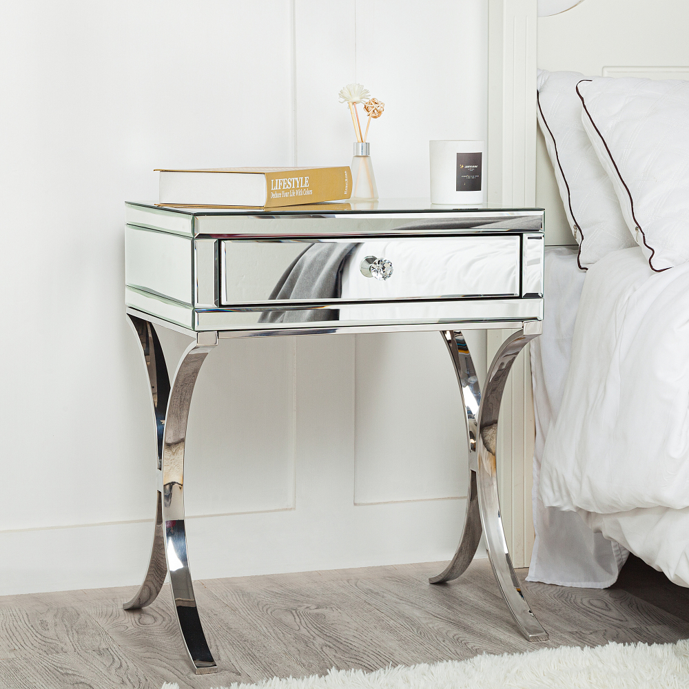 SHYFOY Mirrored Bedside Table with Stainless Steel | Silver Single Drawer Mirrored Night Table | Glass Mirror Nightstand