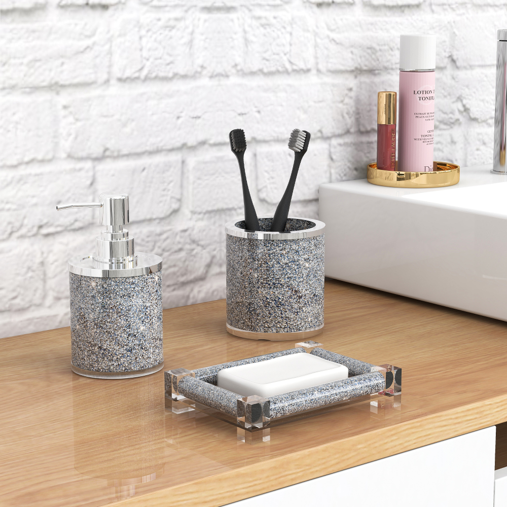 SHYFOY Silver Bathroom Set Accessory with Crushed Diamond, Modern Glass Bath Hardware Kit Sets, Sparkling Home Decoration