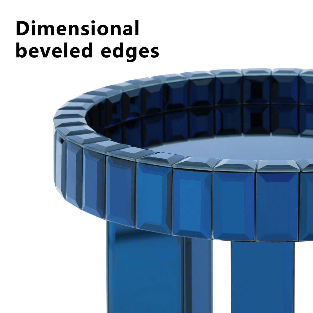 Blue Mirrored End Table, 23" H Round Glass Side Table with Three Legs, Modern Accent Table for Living Room