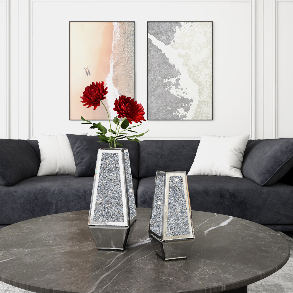 SHYFOY Crushed Diamond Mirrored Vases Set of 2, Silver Glass Flower Vases for Table - Can’t Hold Water Ornaments