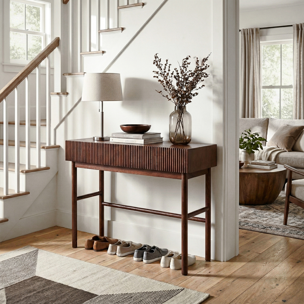 Brown Solid Wood Console Table with 2-Drawer