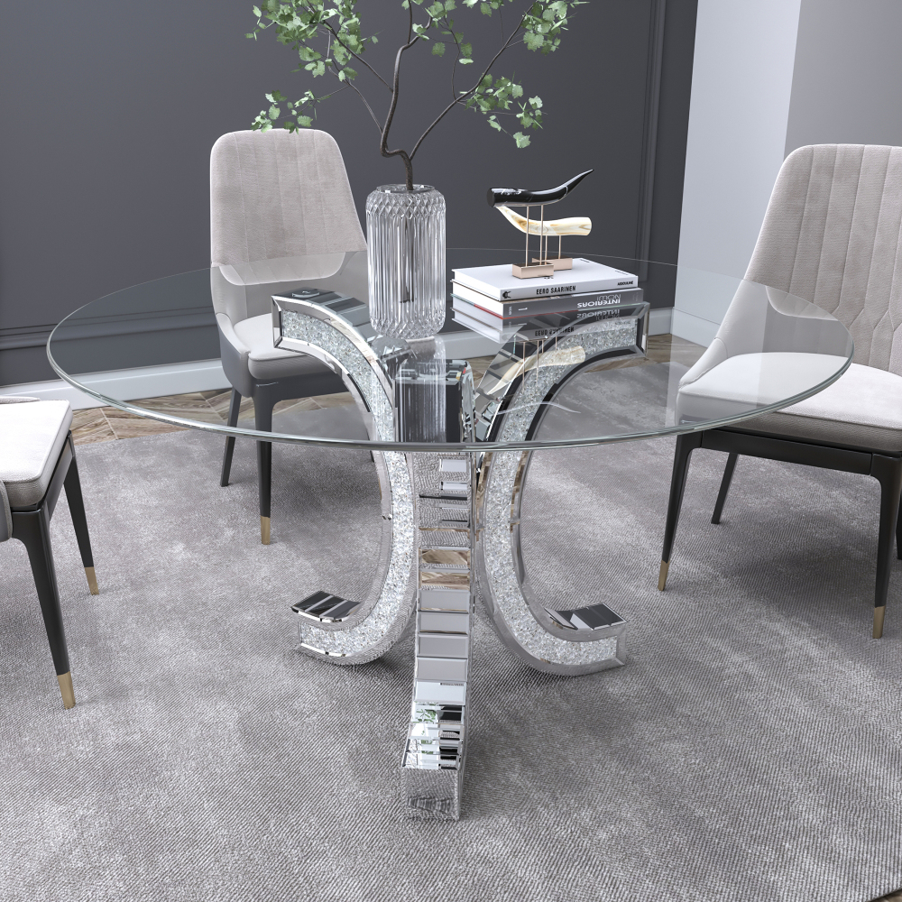SHYFOY 52'' Mirror Glass Pedestal Dining Table with Tempered Glass Tabletop