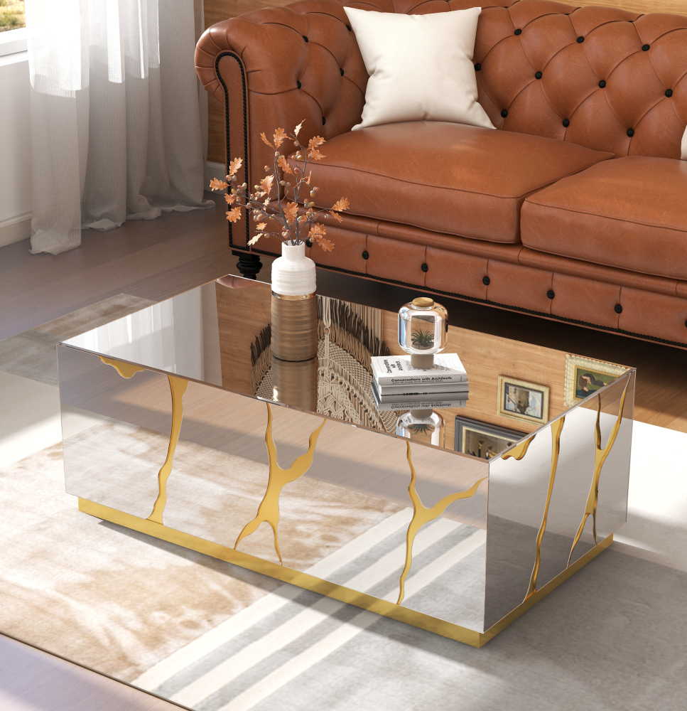 SHYFOY 39''W Mirrored Block Glass Rectangle Coffee Table With Unique Crackle Design