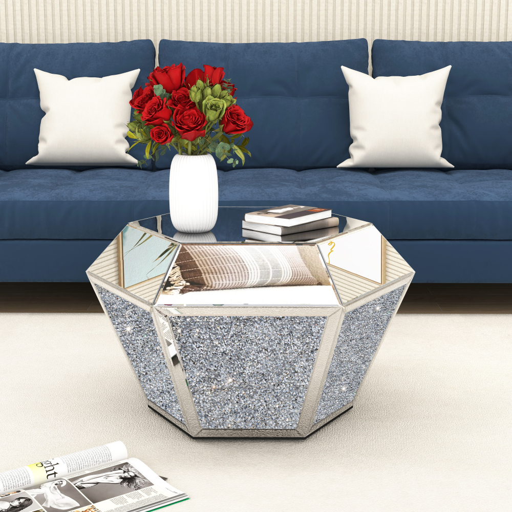 Drum Coffee Table Mirrored with Crystal Inlay, Hexagon Silver Accent Table, Modern Design Luxury Contemporary Furniture