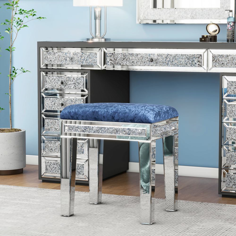 New Arrival Mirror Diamond Vanity Stool with Velvet Upholstered Seat Pink,Blue,Off-white,Light pink