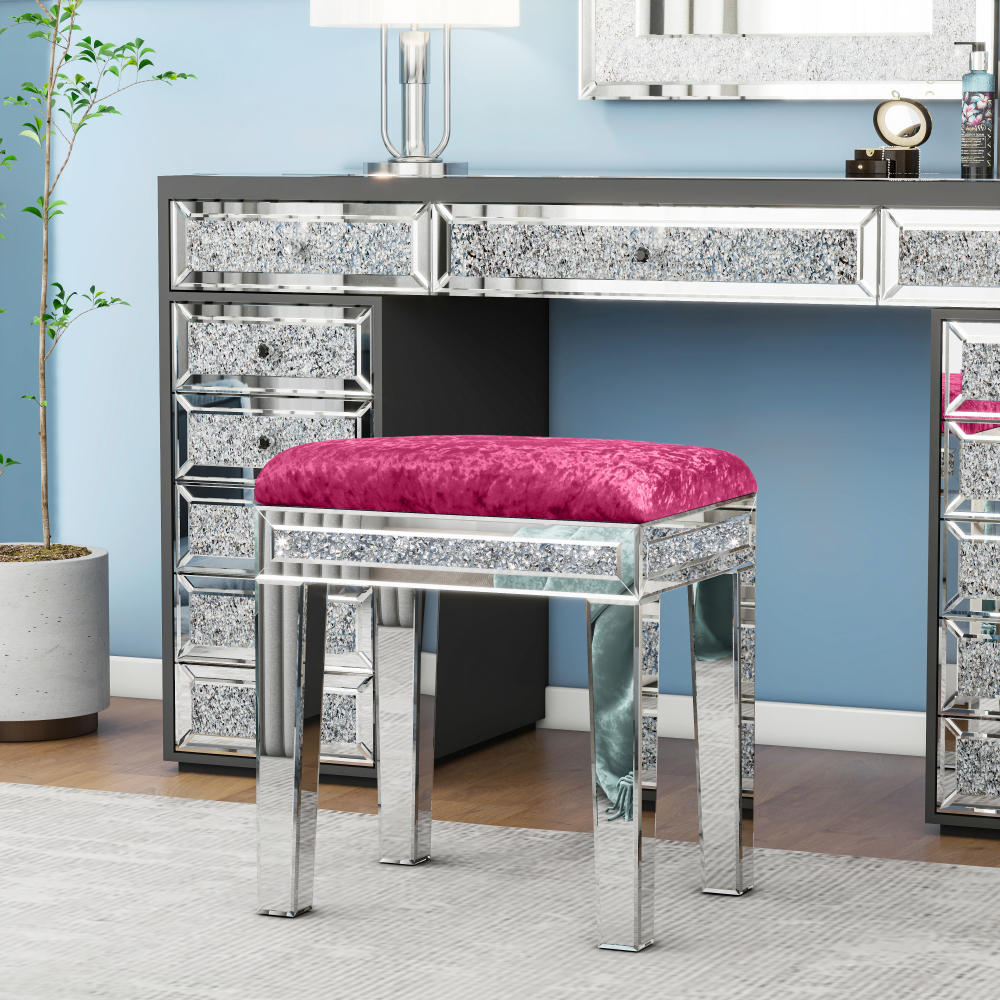 New Arrival Mirror Diamond Vanity Stool with Velvet Upholstered Seat Pink,Blue,Off-white,Light pink