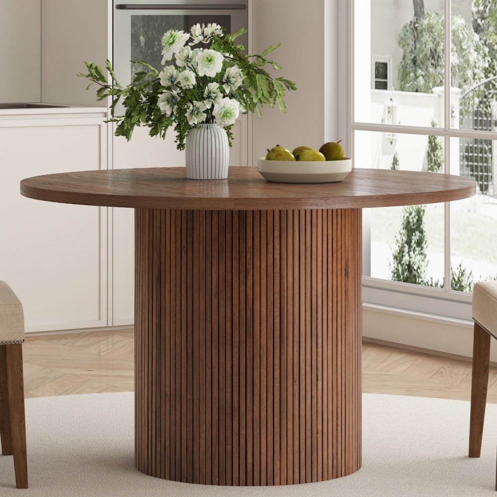 Round Fluted Pedestal Dining Table  Natural Walnut Brown