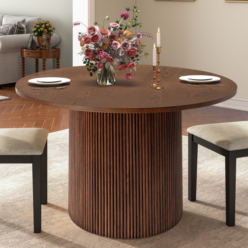 Round Fluted Pedestal Dining Table  Natural Walnut Brown