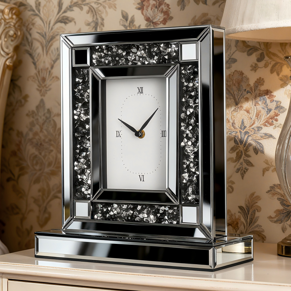 Luxury Crystal-Embedded Mirrored Table Clock, Elegant Decorative Clock with Roman Numerals for Home & Office