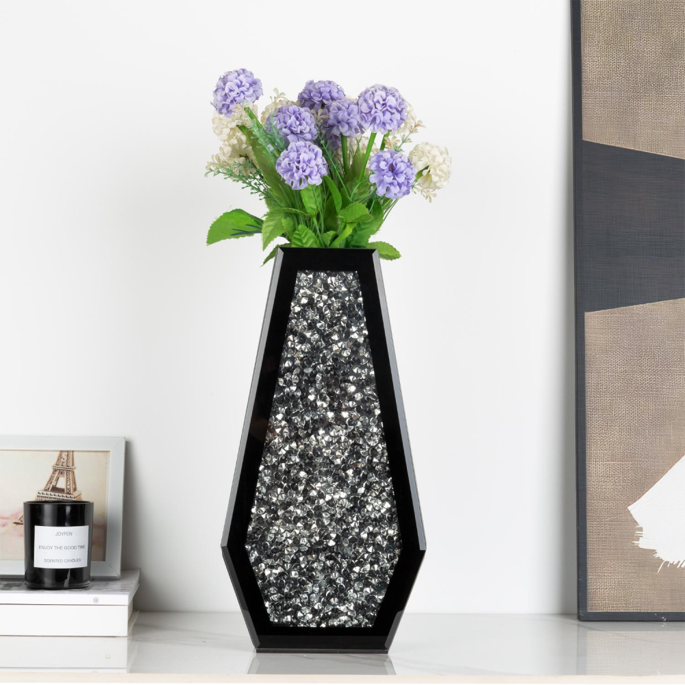 Crushed Diamond Vase Large Mirrored Flower Vases Home Decor, Black Crystal Glass Vases for Centerpieces Dried and Artificial Flowers, Can’t Hold Water