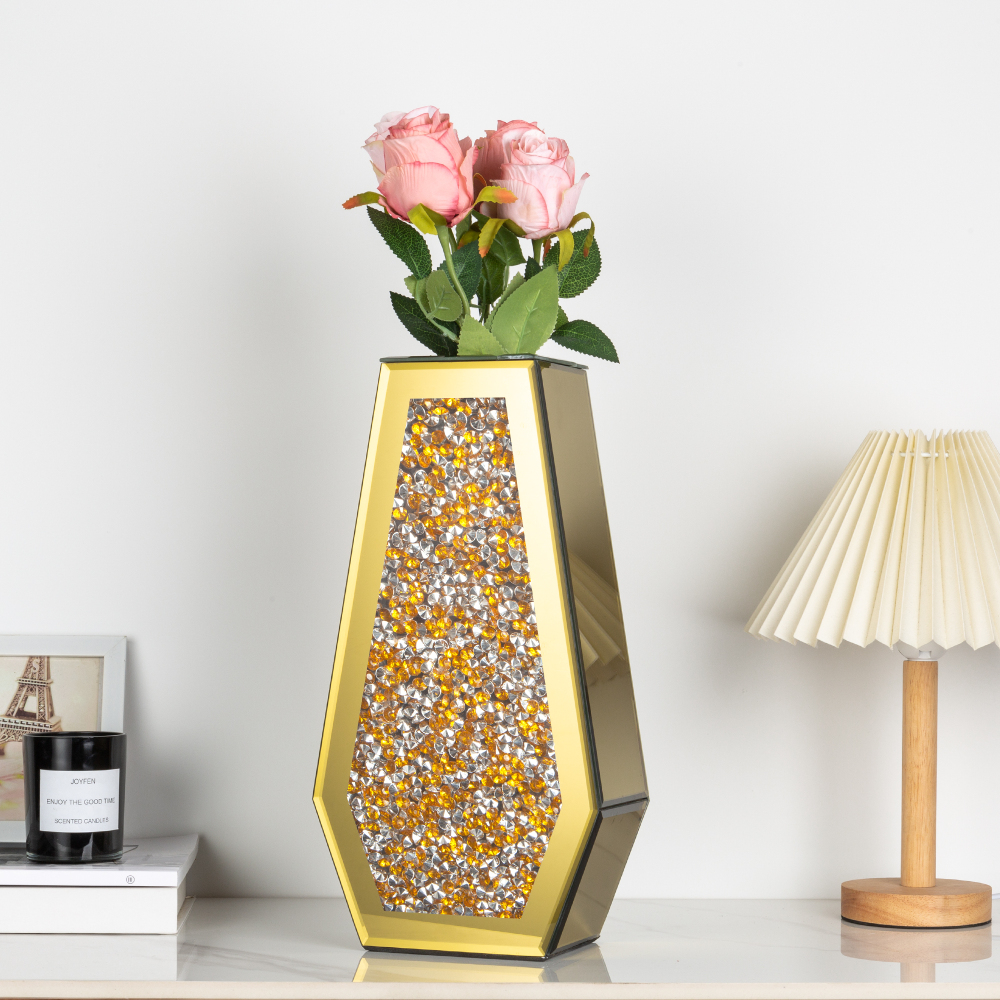 Crushed Diamond Vase Large Mirrored Flower Vases Home Decor, Black Crystal Glass Vases for Centerpieces Dried and Artificial Flowers, Can’t Hold Water