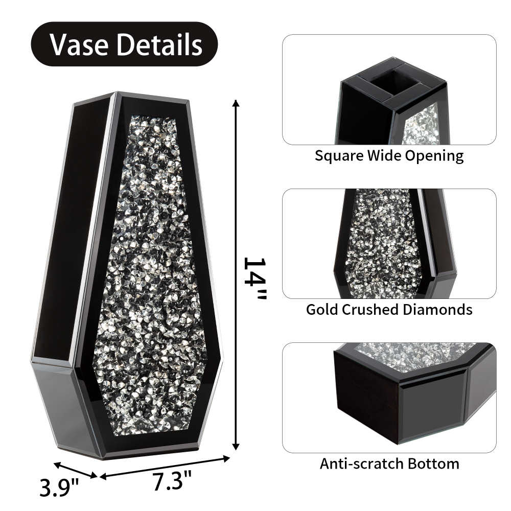 Crushed Diamond Vase Large Mirrored Flower Vases Home Decor, Black Crystal Glass Vases for Centerpieces Dried and Artificial Flowers, Can’t Hold Water