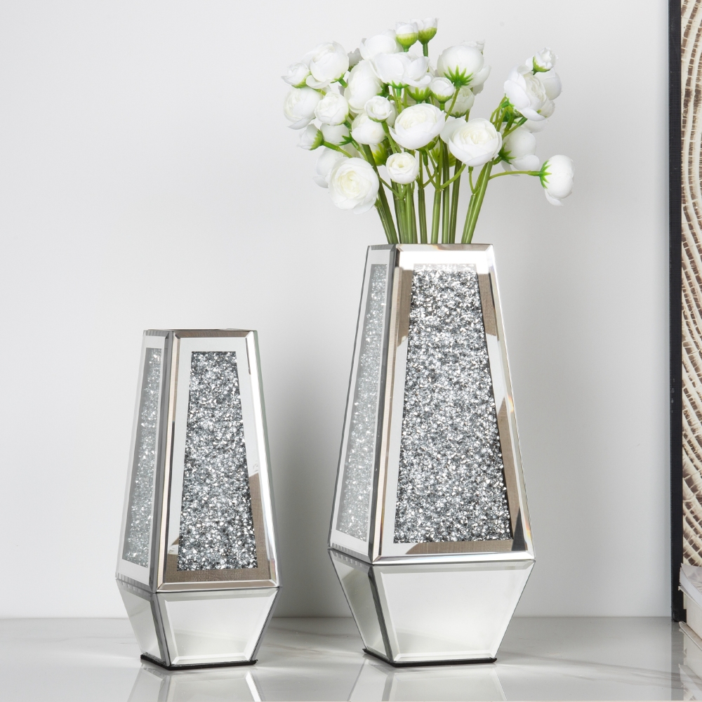 SHYFOY Crushed Diamond Mirrored Vases Set of 2, Silver Glass Flower Vases for Table - Can’t Hold Water Ornaments