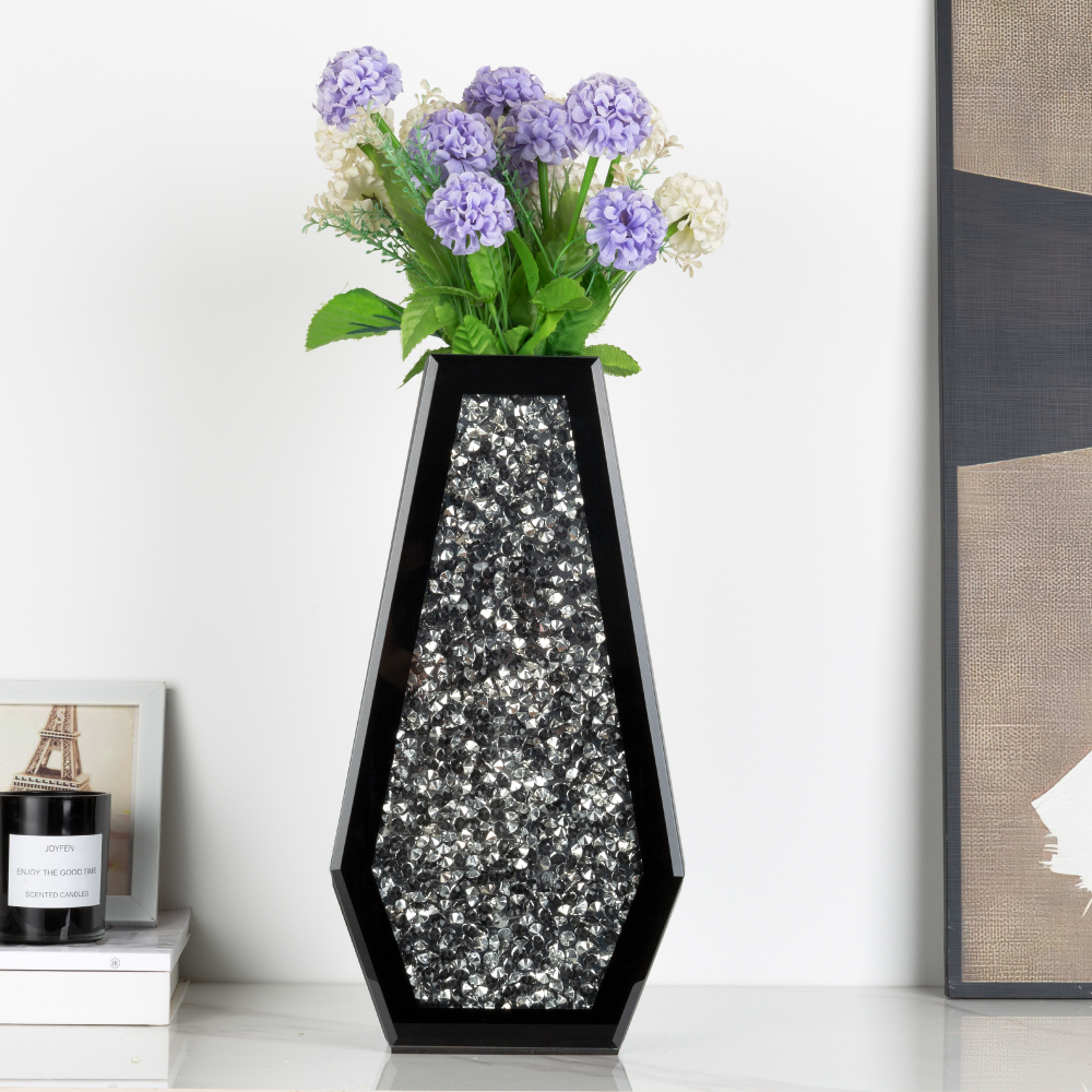 Crushed Diamond Vase Large Mirrored Flower Vases Home Decor, Black Crystal Glass Vases for Centerpieces Dried and Artificial Flowers, Can’t Hold Water