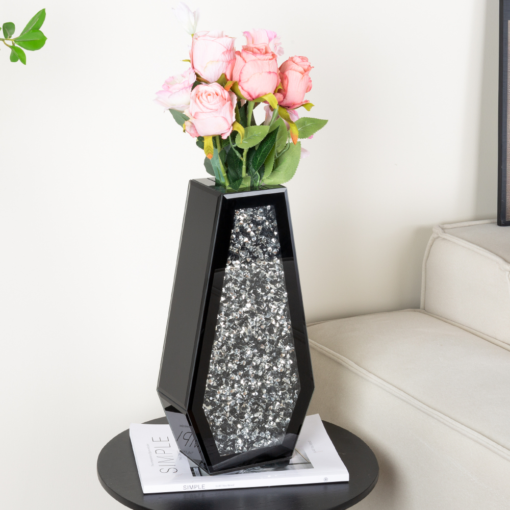 Crushed Diamond Vase Large Mirrored Flower Vases Home Decor, Black Crystal Glass Vases for Centerpieces Dried and Artificial Flowers, Can’t Hold Water