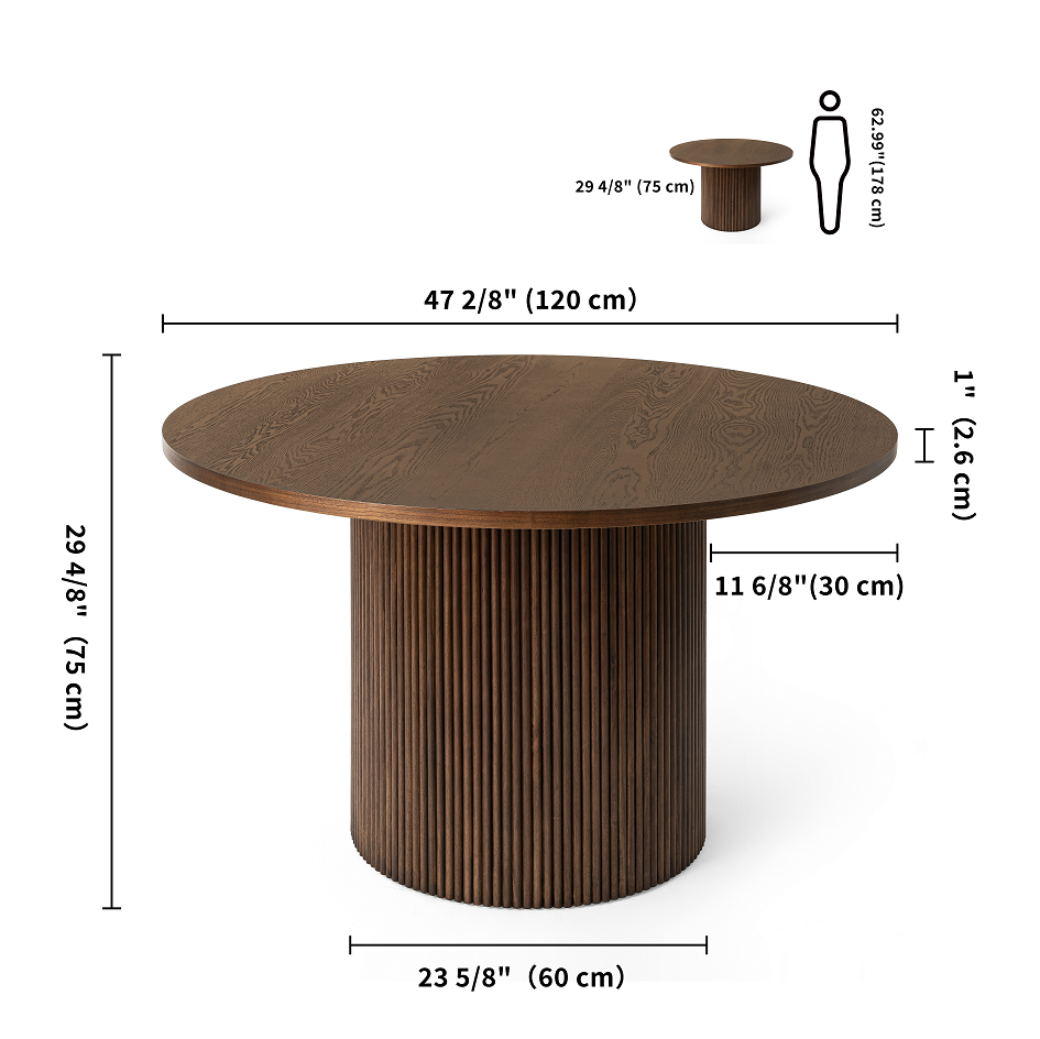 Round Fluted Pedestal Dining Table  Natural Walnut Brown