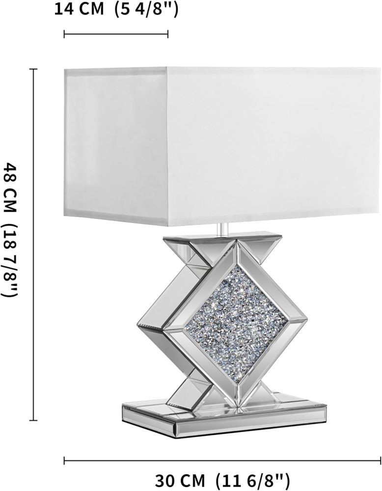 Crystal Crushed Diamond Mirrored Table Lamp, 23.6" Silver Glass Rectangular Shade Modern Glam Lamp for Bedroom, Living Room, Office