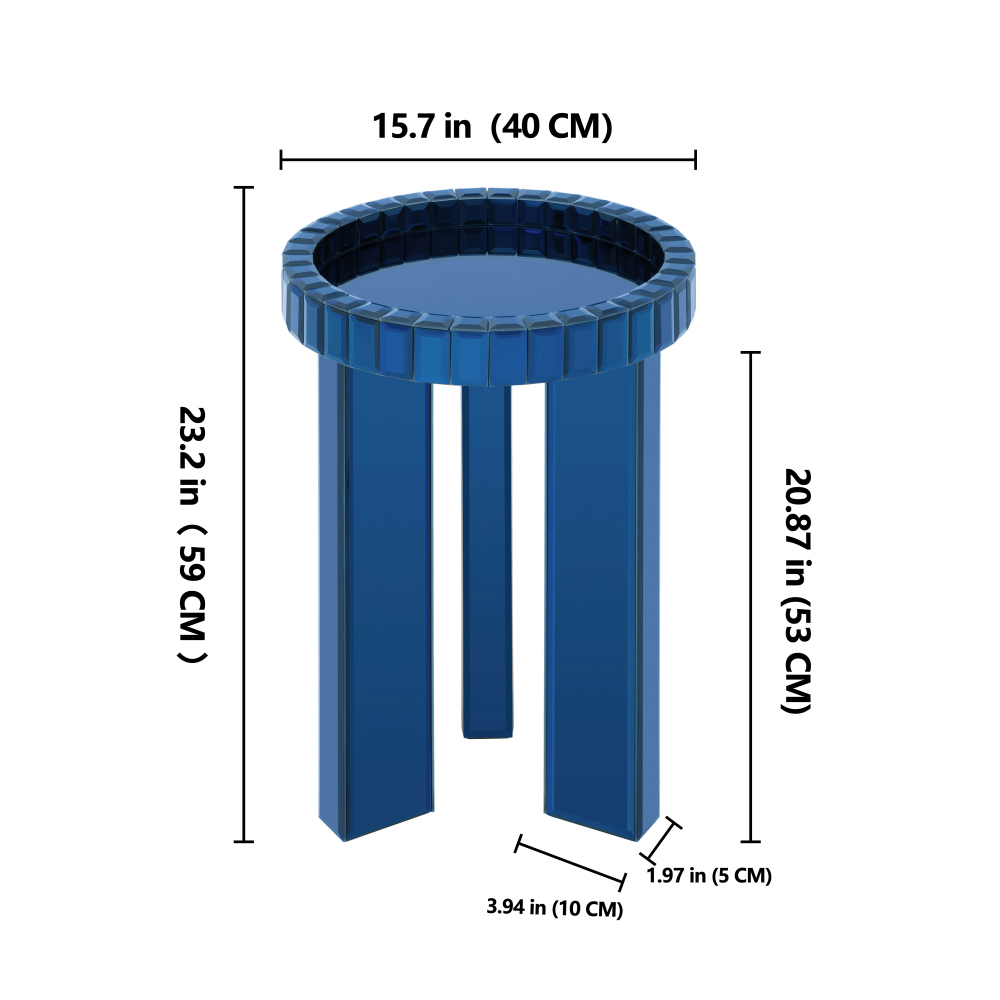 Blue Mirrored End Table, 23" H Round Glass Side Table with Three Legs, Modern Accent Table for Living Room