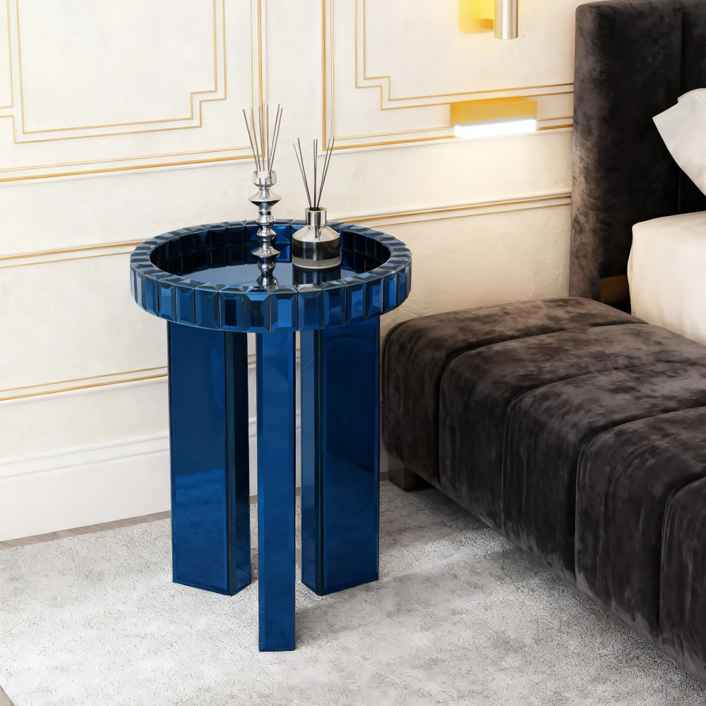Blue Mirrored End Table, 23" H Round Glass Side Table with Three Legs, Modern Accent Table for Living Room