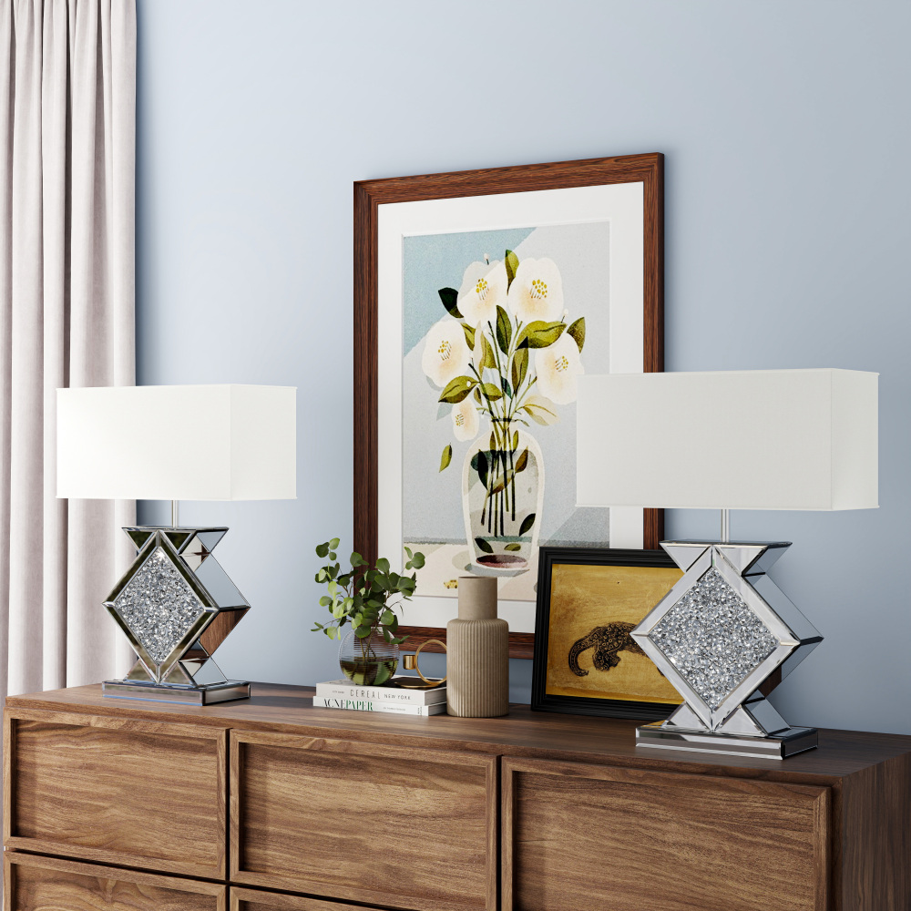 Crystal Crushed Diamond Mirrored Table Lamp, 23.6" Silver Glass Rectangular Shade Modern Glam Lamp for Bedroom, Living Room, Office