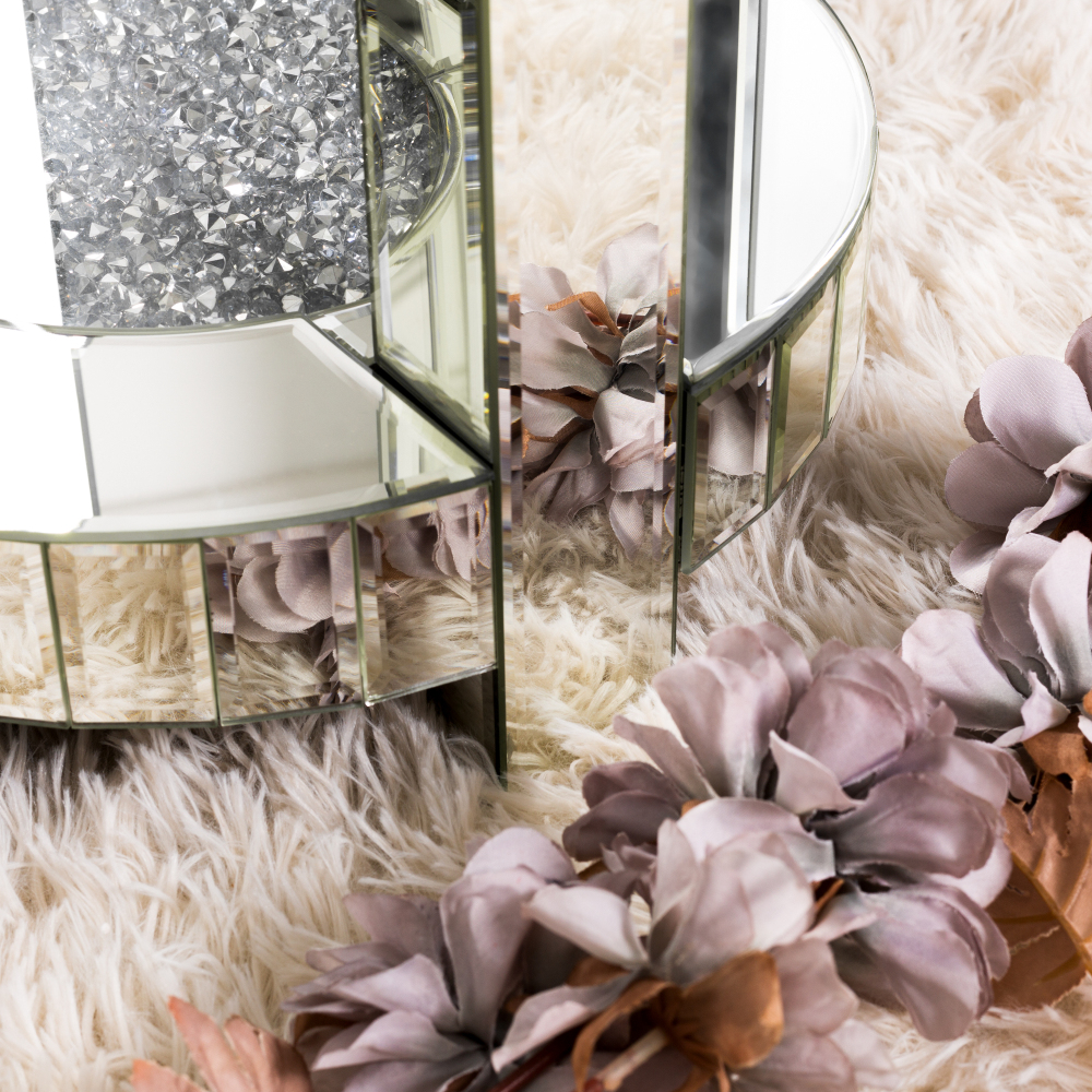 Mirrored End Table Round with Crystals Inlay, 2-Tier Modern Small Sofa Table with Storage