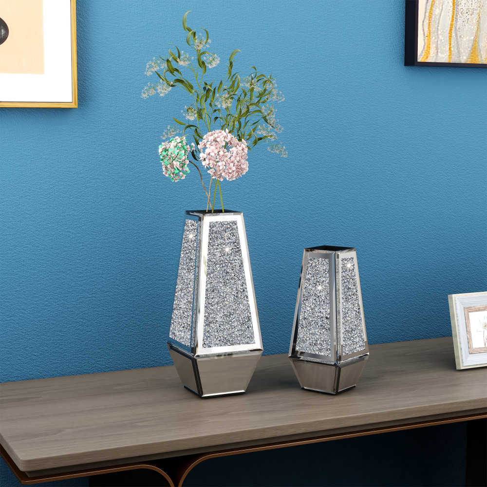 SHYFOY Crushed Diamond Mirrored Vases Set of 2, Silver Glass Flower Vases for Table - Can’t Hold Water Ornaments