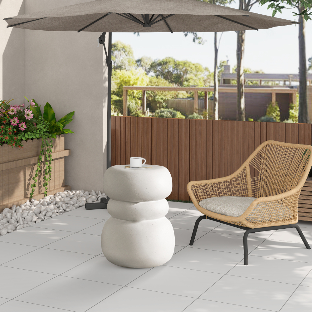 Modern Outdoor Side Table, Sculptural Patio Accent Table, White Concrete Look