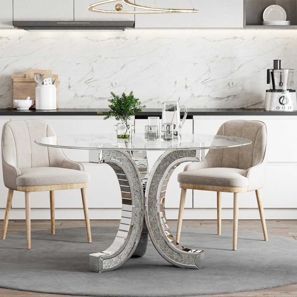 SHYFOY 52'' Mirror Glass Pedestal Dining Table with Tempered Glass Tabletop