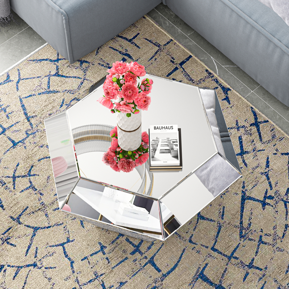 Drum Coffee Table Mirrored with Crystal Inlay, Hexagon Silver Accent Table, Modern Design Luxury Contemporary Furniture