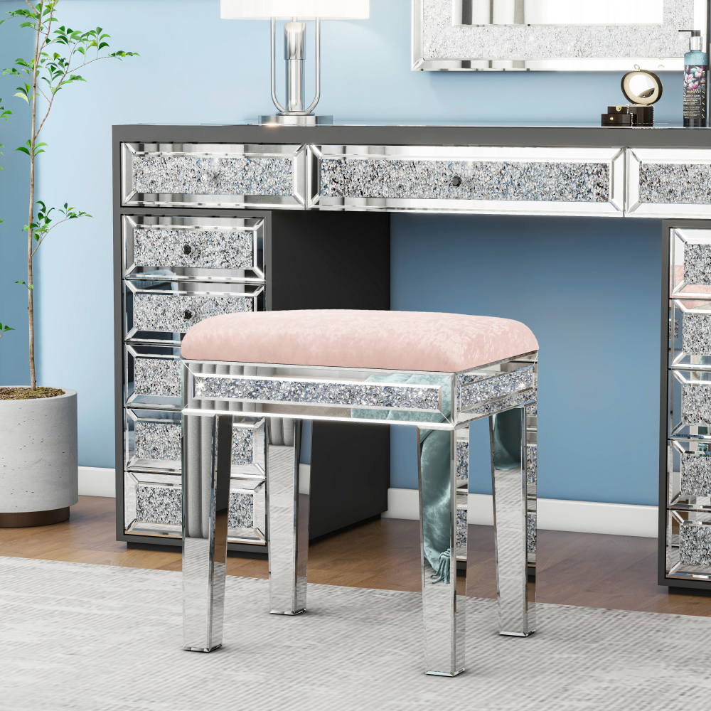 New Arrival Mirror Diamond Vanity Stool with Velvet Upholstered Seat Pink,Blue,Off-white,Light pink