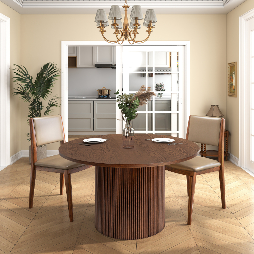 Round Fluted Pedestal Dining Table  Natural Walnut Brown