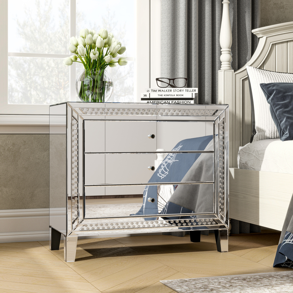 33" Large Mirrored Glass Nightstand Bedroom Crystal Decor